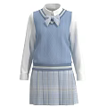 Blue Knitted Vest White Long Sleeve Shirt With Bow Tie And Plaid Pleated Skirt Outfit