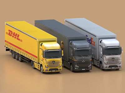 Mercedes-Benz Cargo Trucks with DHL FedEx Logos in Yellow Gray White Colors 3d model Mercedes-Benz Cargo Trucks with DHL FedEx Logos in Yellow Gray White Colors 3d model