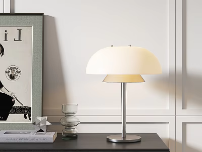 Elegant Modern Table Lamp With White Dome Shade Metal Base And Glass Decor On Desk 3d model