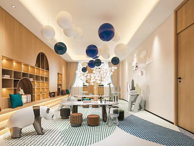 Modern Kindergarten Interior Design With Panda Plush Toy Bookshelves Round Pendant Lights And Carpet 3d model