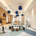 Modern Kindergarten Interior Design With Panda Plush Toy Bookshelves Round Pendant Lights And Carpet
