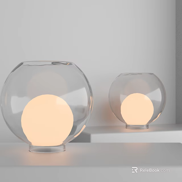Stylish Transparent Spherical Table Lamps With Warm Yellow Light On White Shelf 3d model 
