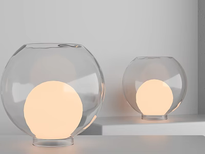 Stylish Transparent Spherical Table Lamps With Warm Yellow Light On White Shelf 3d model
