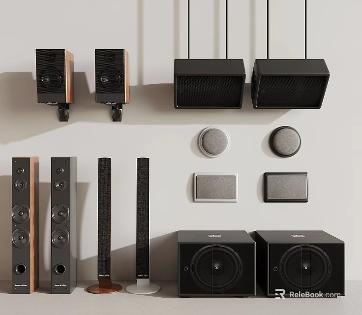 Different Types of Audio Speakers Including Wall Mounted and Floor Standing Units 3d model 