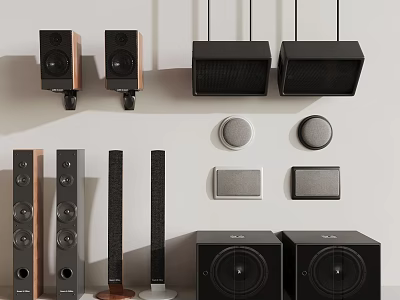 Different Types of Audio Speakers Including Wall Mounted and Floor Standing Units 3d model