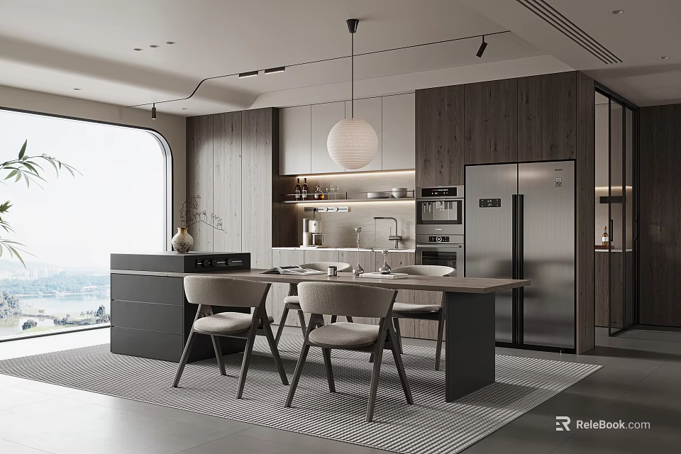 Modern Restaurant Interior With Open Layout Dining Table Wooden Cabinets And Stainless Steel Fridge 3d model 