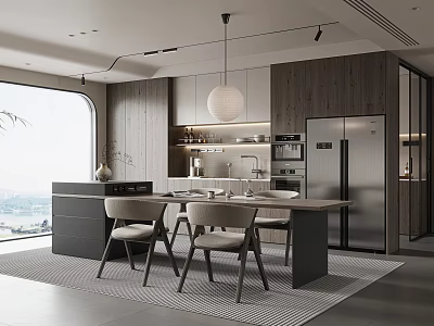 Modern Restaurant Interior With Open Layout Dining Table Wooden Cabinets And Stainless Steel Fridge 3d model