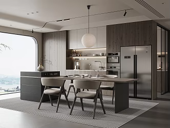 Wind Restaurant Island Table Dining Table Dining Chair Chandelier Sideboard Steaming Oven Refrigerator Kitchen Supplies Kitchen Appliances 3d model