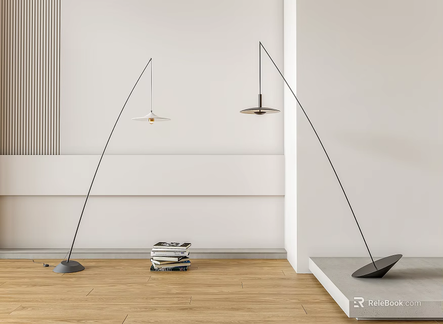 Modern Arched Floor Lamps Design with Black Base Wooden Floor White Wall Interior and Books 3d model 