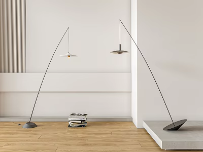 Modern Arched Floor Lamps Design with Black Base Wooden Floor White Wall Interior and Books 3d model