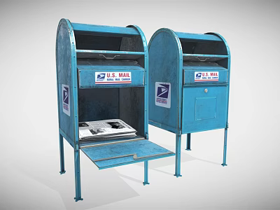 Two Blue US Mail Mailboxes With Open Door And Letters 3d model