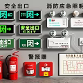 Essential Fire Equipment Collection Including Exit Signs Emergency Lights Alarms Extinguishers And Diagram