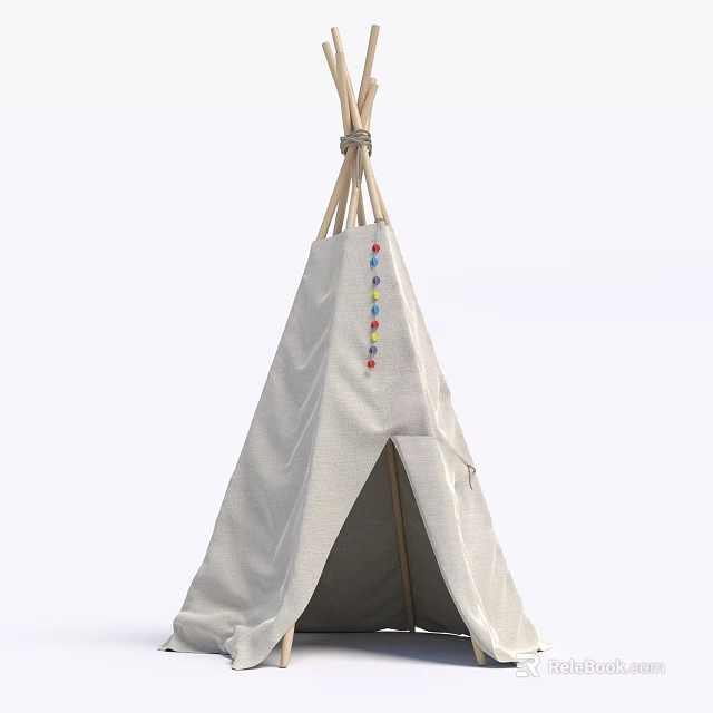 Light Gray Tepee Style Tent With Colorful Decorative Patterns And Wooden Poles 3d model 