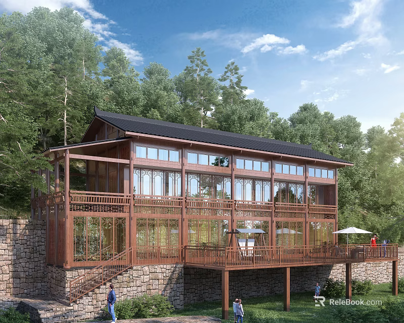 Wooden House in Mountain Forest Featuring Large Windows Wooden Structure and Terrace 3d model 