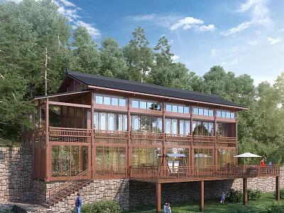 Wooden House in Mountain Forest Featuring Large Windows Wooden Structure and Terrace 3d model