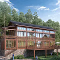 Wooden House in Mountain Forest Featuring Large Windows Wooden Structure and Terrace