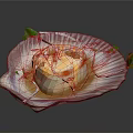 Delicate Food On Shell Shaped Plate With Purple Garnish Green Leaves White Thin Strips
