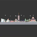 Cartoon Miniature Scene With Traditional Style Tower Houses Trees Roads And Vehicles