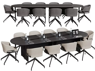 Modern Oval Black Conference Table With Chairs Water Bottles Clock And Documents 3d model