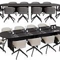 Modern Oval Black Conference Table With Chairs Water Bottles Clock And Documents