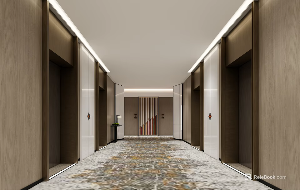 Modern Elevator Hallway Design With Symmetric Doors Patterned Carpet And Recessed Lighting 3d model
