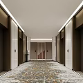 Modern Elevator Hallway Design With Symmetric Doors Patterned Carpet And Recessed Lighting 3d model