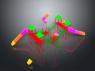 Colorful Playground Building With Slides Climbing Structures Green Roofs And Red Frames 3d model