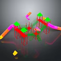 Colorful Playground Building With Slides Climbing Structures Green Roofs And Red Frames