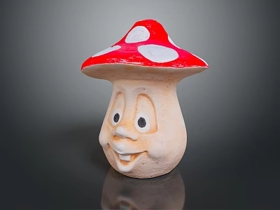 Cute Food Mushroom with Red Cap White Spots Smiling Face Round Eyes and Curved Mouth 3d model
