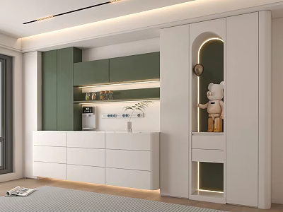 Modern Interior Design With Sleek Wine Cabinet And Green White Cabinetry Lighting 3d model