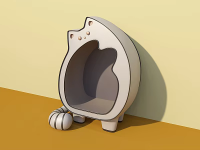 Pet Interactive Area With Cat Shaped Light Gray Bed And Striped Ball 3d model