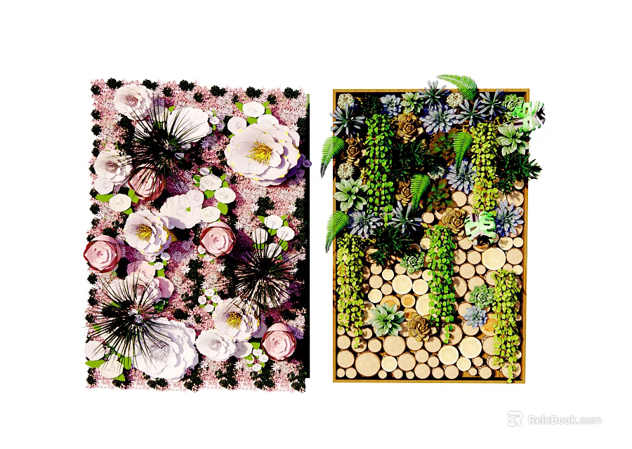 Colorful Living Plant Wall with Pink White Flowers Various Green Plants and Natural Wooden Decor 3d model 