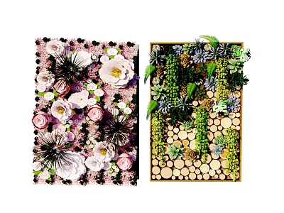 Colorful Living Plant Wall with Pink White Flowers Various Green Plants and Natural Wooden Decor 3d model