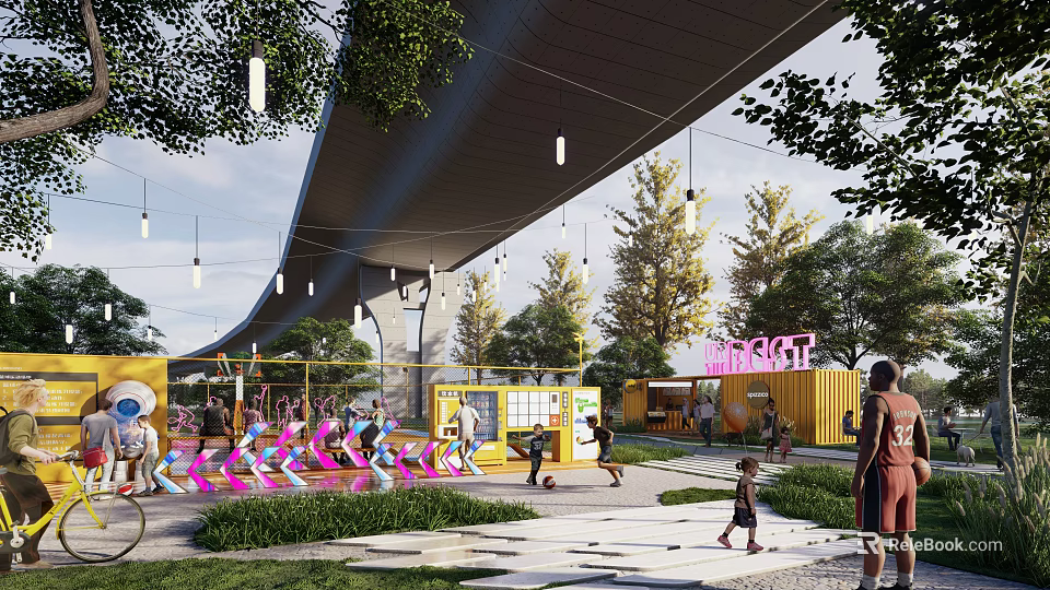 Vibrant Under Bridge Container Space With Greenery People Activities And Play Area 3d model 
