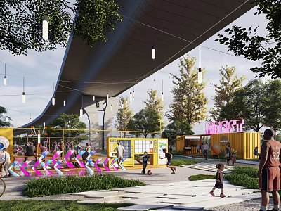 Vibrant Under Bridge Container Space With Greenery People Activities And Play Area 3d model