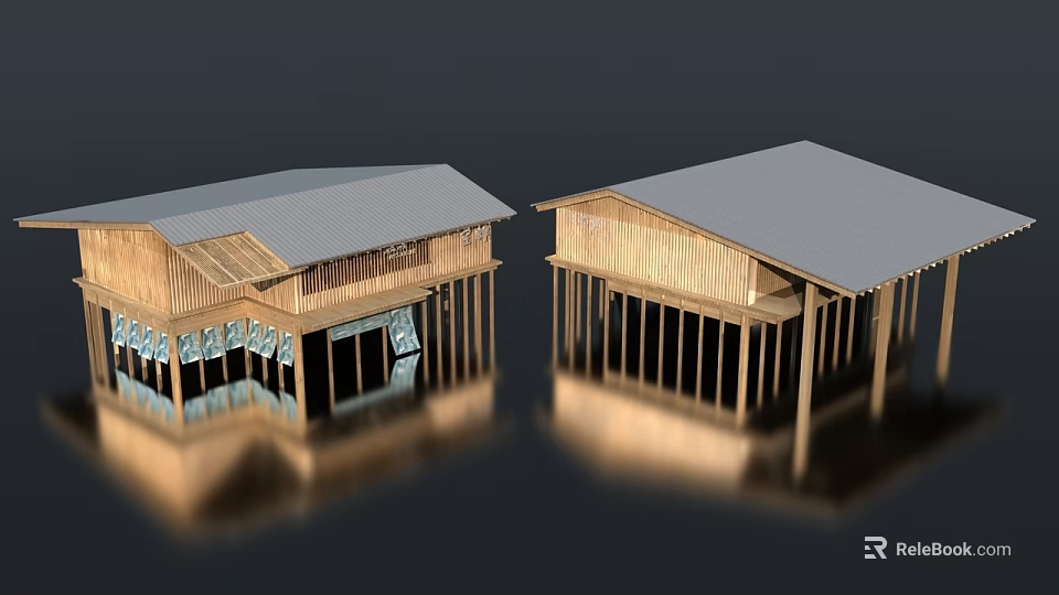 Wooden Building Models With Gray Roofs Pillars And Reflections On Black 3d model 
