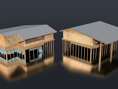 Wooden Building Models With Gray Roofs Pillars And Reflections On Black 3d model