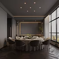 Modern Private Dining Room With Round Table And City View 3d model