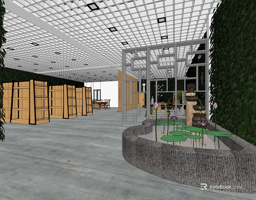Modern Interior with Wooden Cabinets Circular Seating Tables Plant Wall Grid Ceiling and Concrete Floor 3d model 
