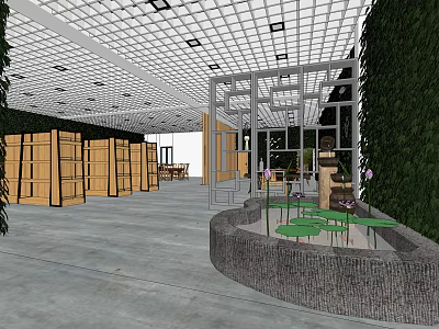 Modern Interior with Wooden Cabinets Circular Seating Tables Plant Wall Grid Ceiling and Concrete Floor 3d model
