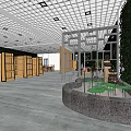 Modern Interior with Wooden Cabinets Circular Seating Tables Plant Wall Grid Ceiling and Concrete Floor