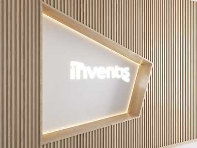 Wooden Background Wall with Vertical Stripes and Triangular Illuminated Section Featuring iInvents Logo 3d model