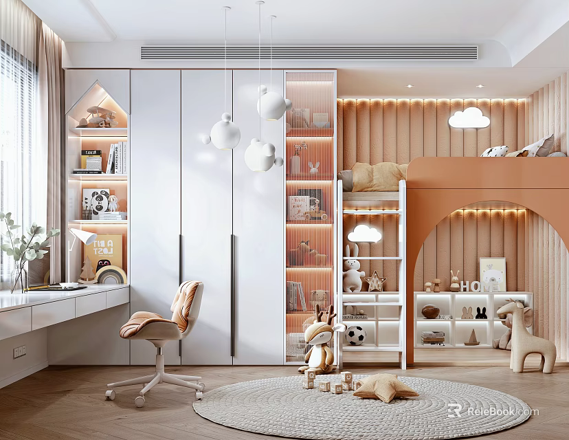 Modern Kids Room Interior Design With Loft Bed Study Desk Storage Cabinets And Toys 3d model 