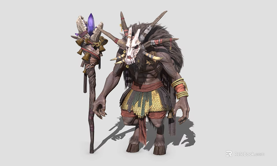 Fantasy Game Movie Character Horned Skull Adorned Furry Warrior With Staff And Tribal Attire 3d model 