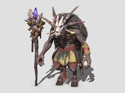 Fantasy Game Movie Character Horned Skull Adorned Furry Warrior With Staff And Tribal Attire 3d model