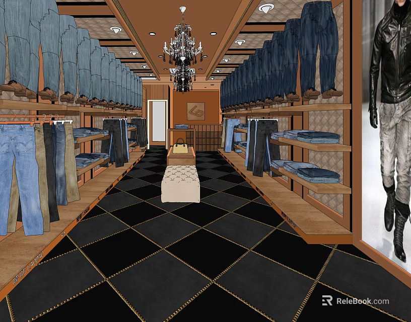 Fashionable Clothing Store Featuring Jeans Display Racks Chandelier Diamond Patterned Floor And Mannequin 3d model 
