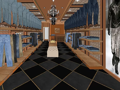 Fashionable Clothing Store Featuring Jeans Display Racks Chandelier Diamond Patterned Floor And Mannequin 3d model