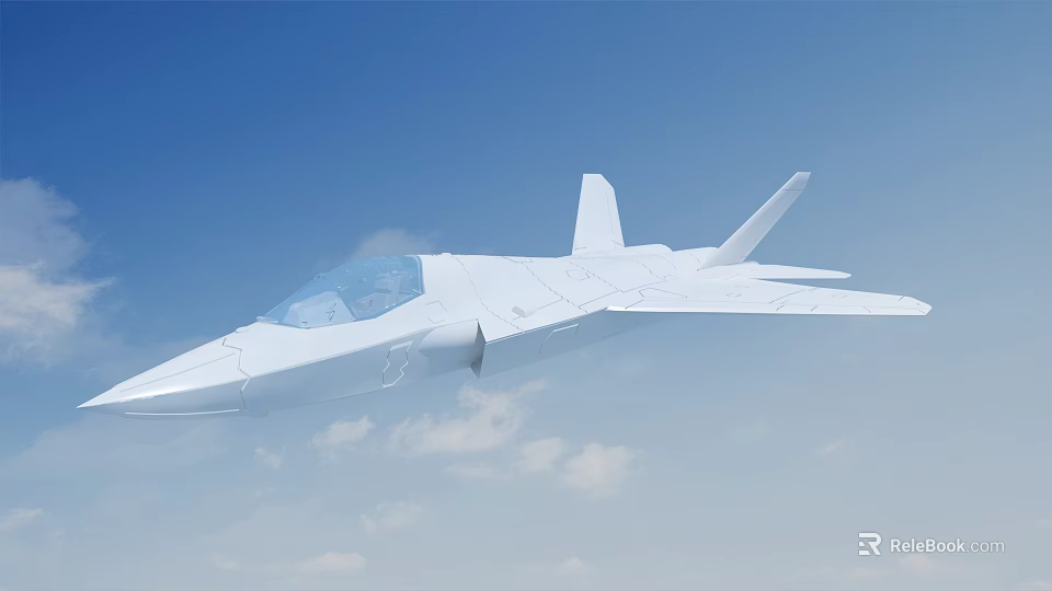 White Modern Fighter Jet Flying In Clear Blue Sky With Clouds 3d model 