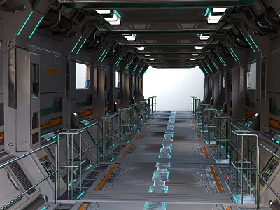 Futuristic Elevator Corridor Design With Metal Structure LED Strip Lights Side Railings And Reflective Floor 3d model