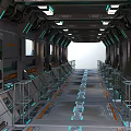 Futuristic Elevator Corridor Design With Metal Structure LED Strip Lights Side Railings And Reflective Floor